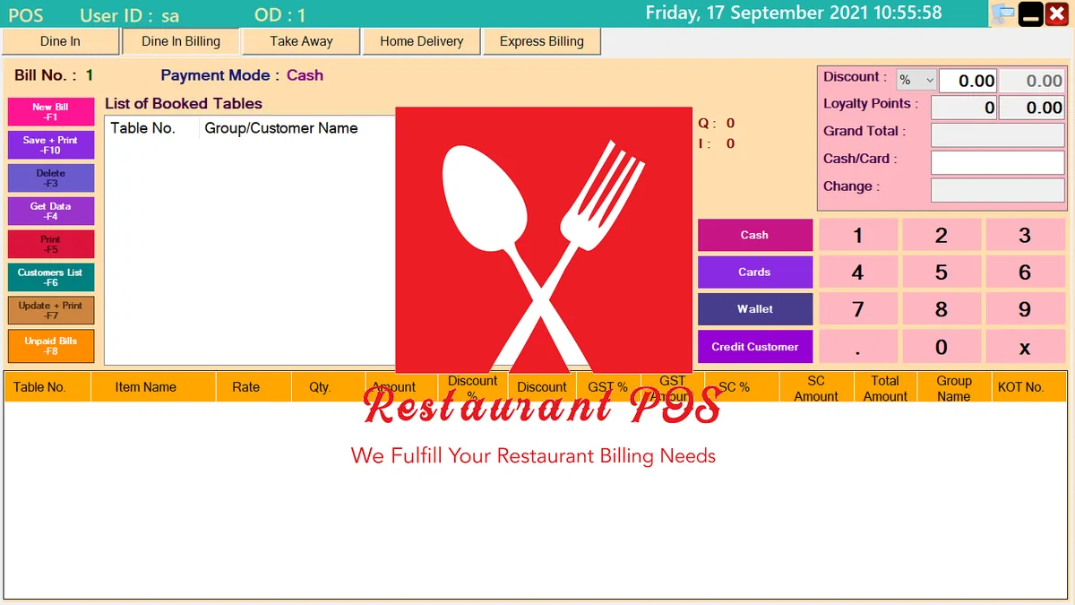 Dine-in billing screen listing booked tables with GST and service charge