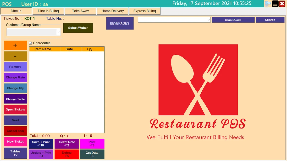 Restaurant POS dine-in screen for taking table orders and sending KOT