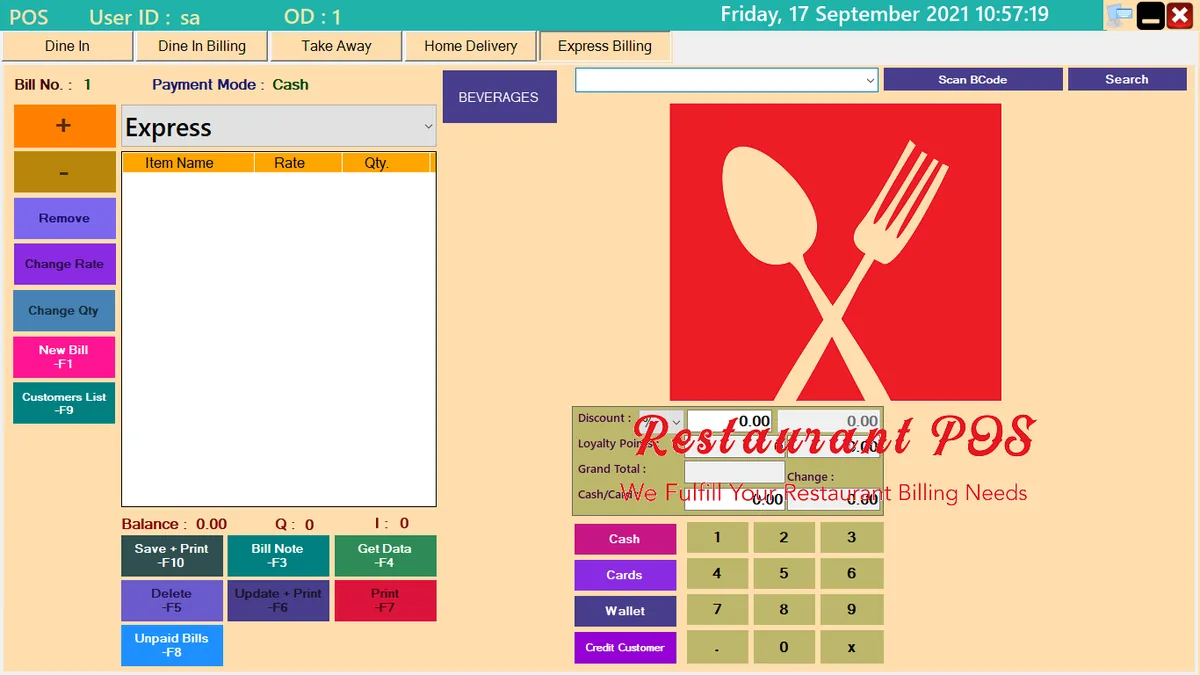 Express Billing screen for fast billing without a table