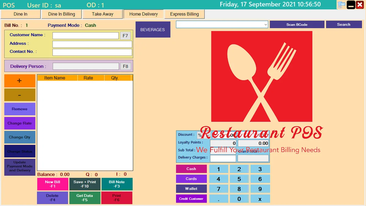 Home Delivery screen with customer address and delivery person